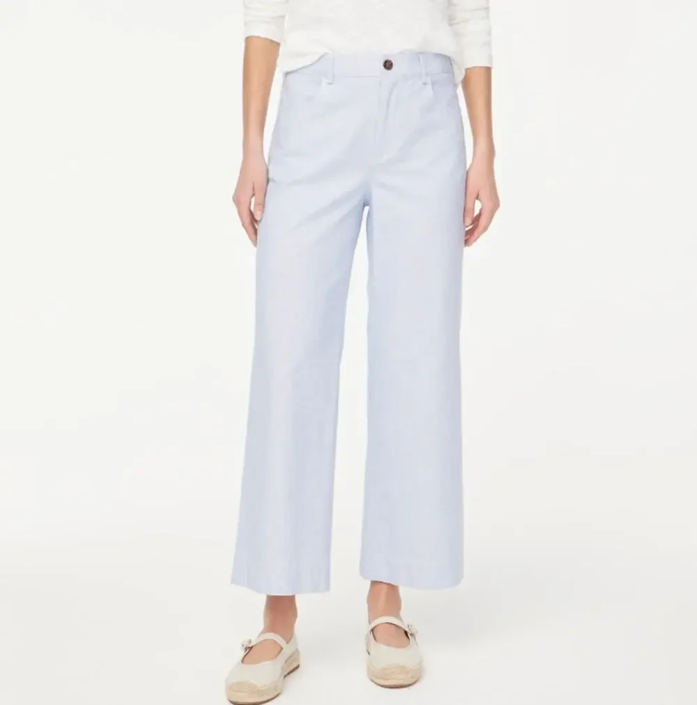 J.Crew Striped High Rise Wide Leg Cropped Pants Sz 33 Blue White Stretch Zip Fly